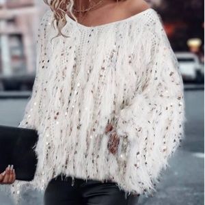New Luxe Fuzzy Off Shoulder Oversized Sweater Top medium